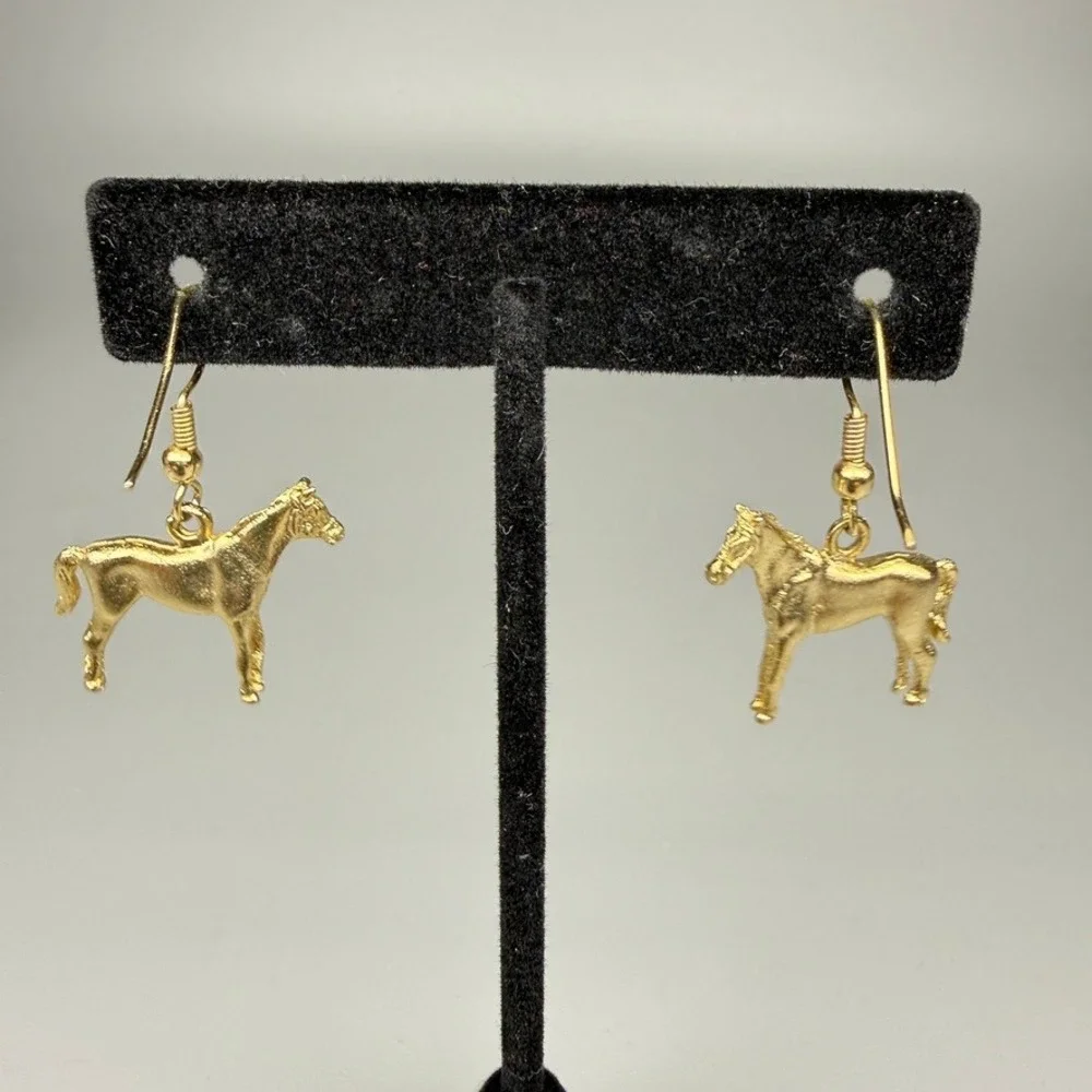 Vintage Horse Dangle Earrings Pierced Gold Tone 1990s Western Equestrian